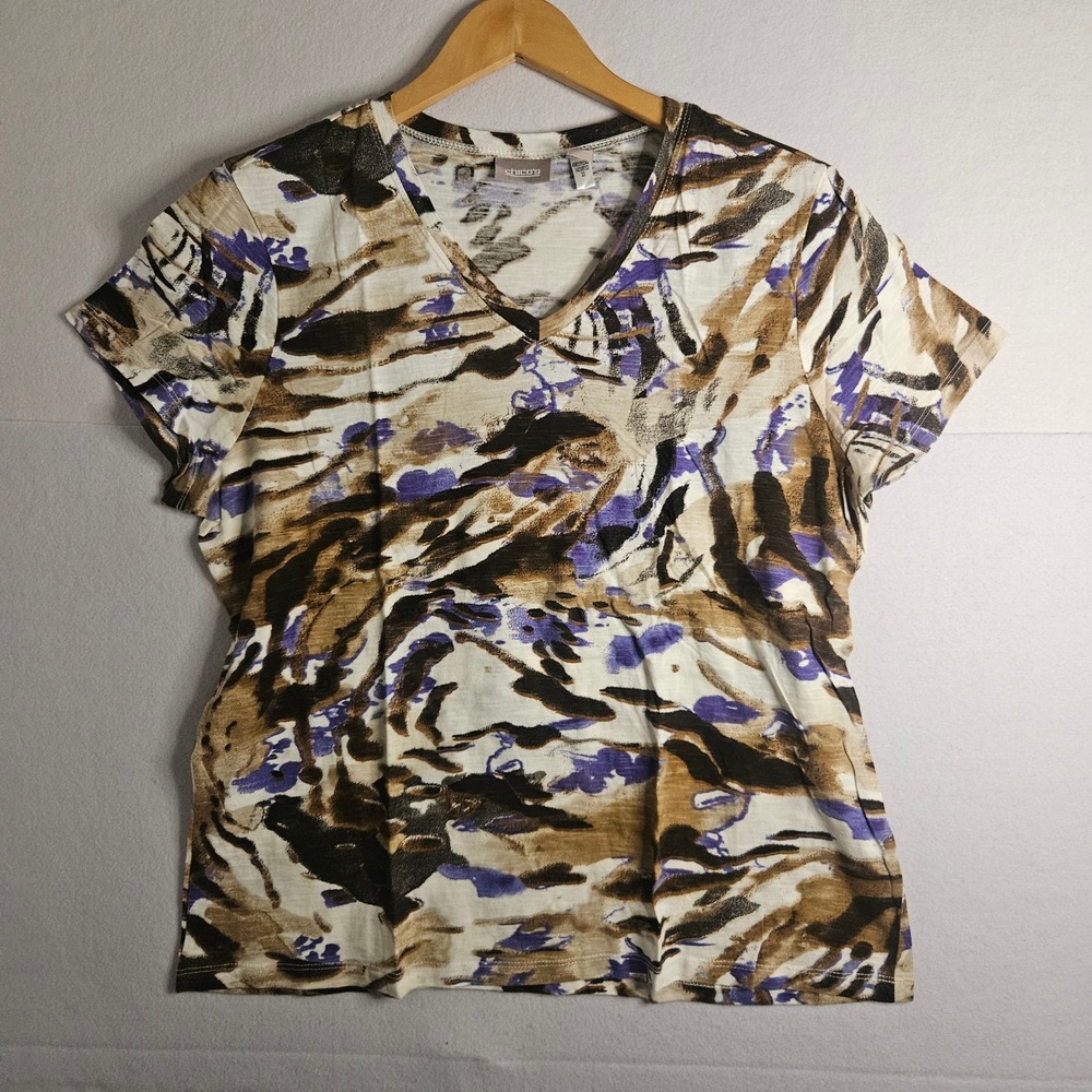 Chicos Abstract Print V-Neck Cotton T-Shirt Brown Purple‎ Size 2 Large 14210712